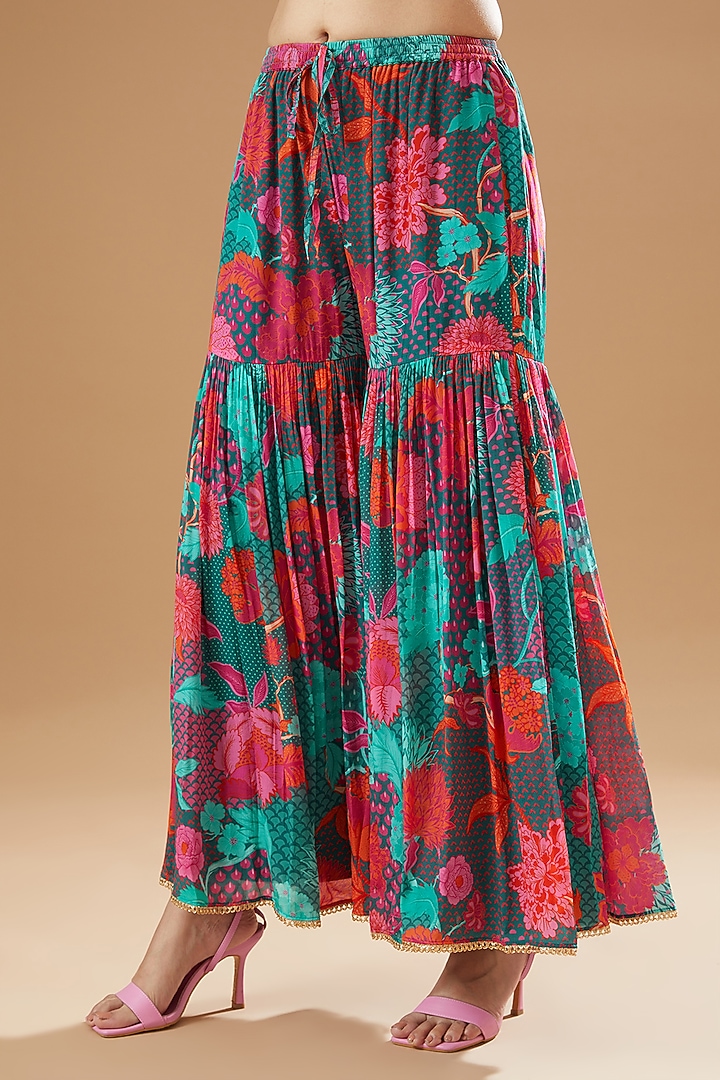 Teal Blue Crepe Printed Gharara Set by Raji ramniq at Pernia's Pop Up Shop