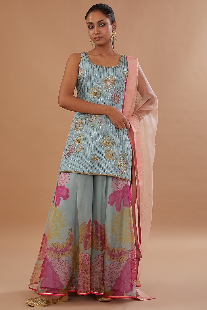 Ice Blue Organza Printed Wedding Sharara Set by Raji ramniq at Pernia's Pop Up Shop