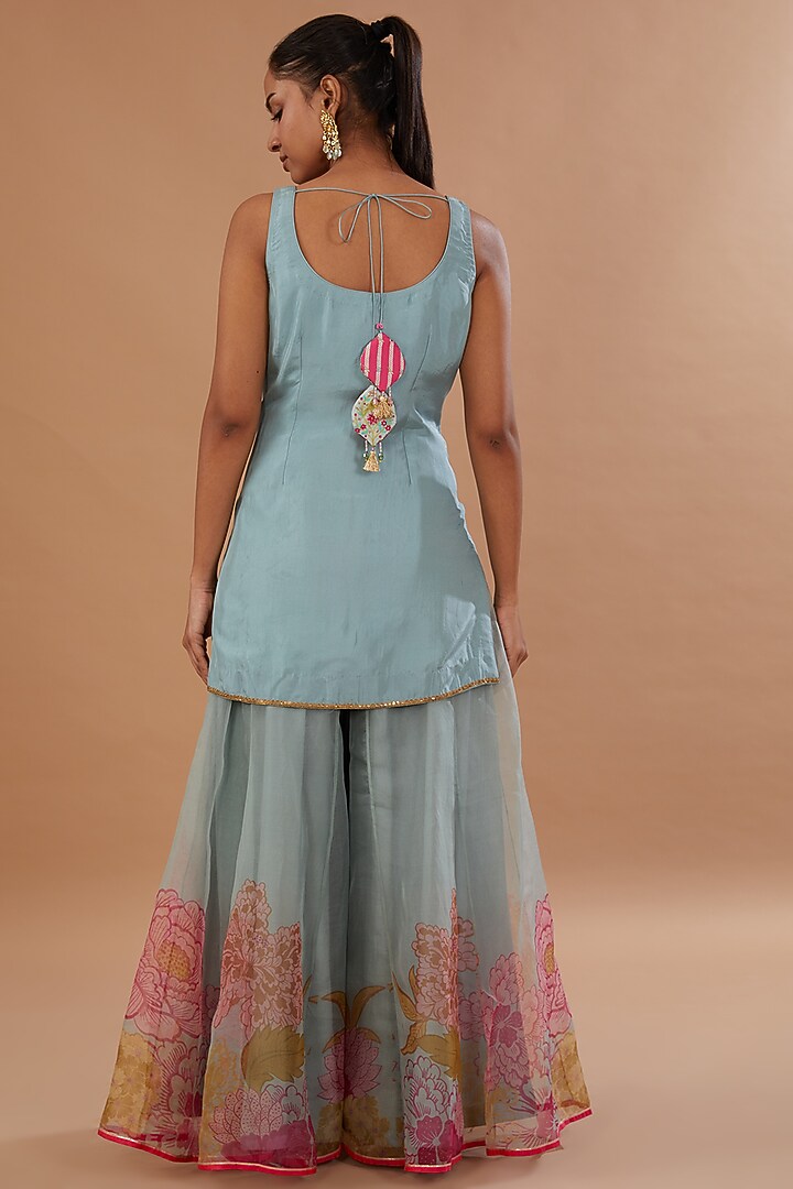Ice Blue Organza Printed Wedding Sharara Set by Raji ramniq at Pernia's Pop Up Shop
