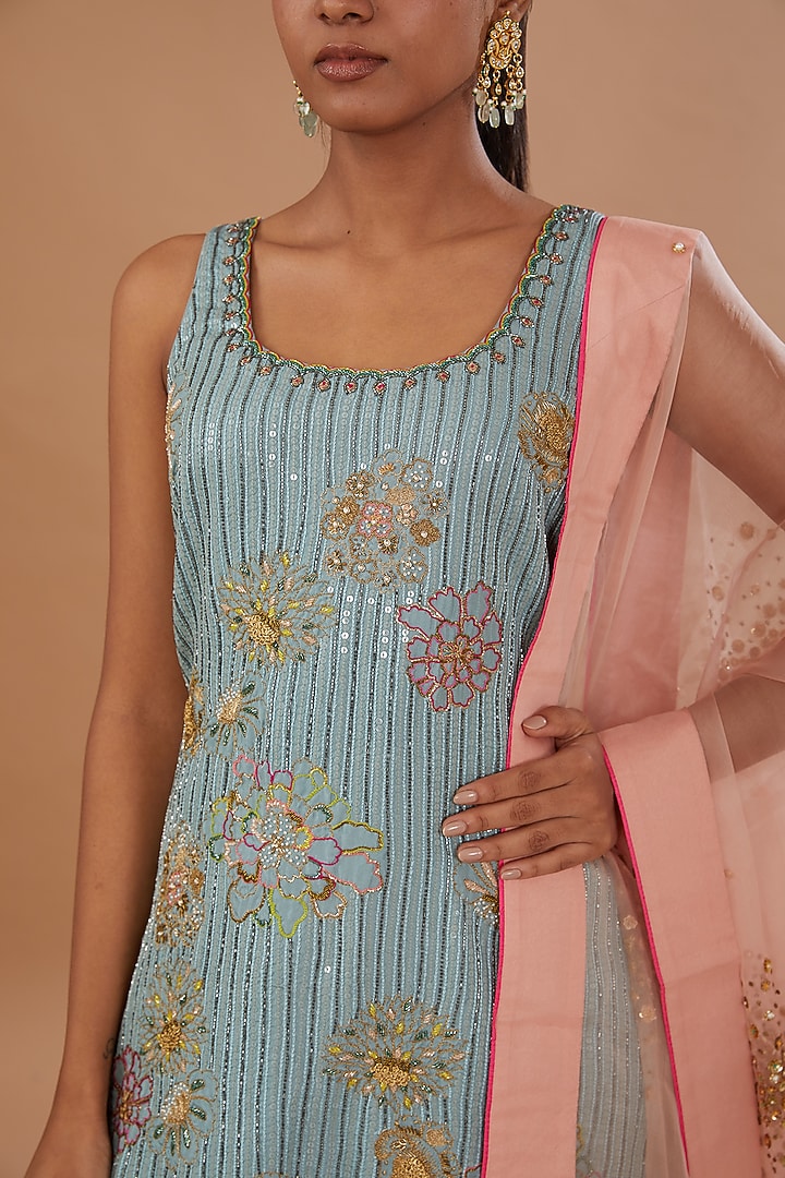 Ice Blue Organza Printed Wedding Sharara Set by Raji ramniq at Pernia's Pop Up Shop