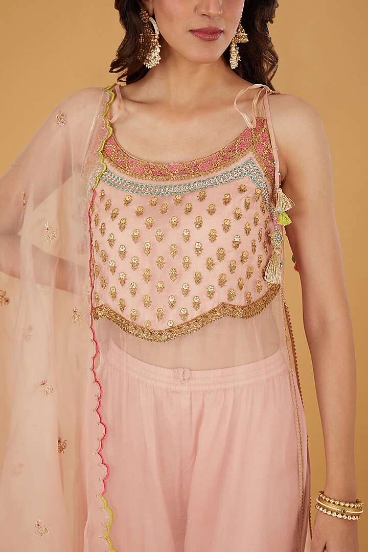 Nude Organza Hand Embroidered Kurta Set by Raji ramniq at Pernia's Pop Up Shop