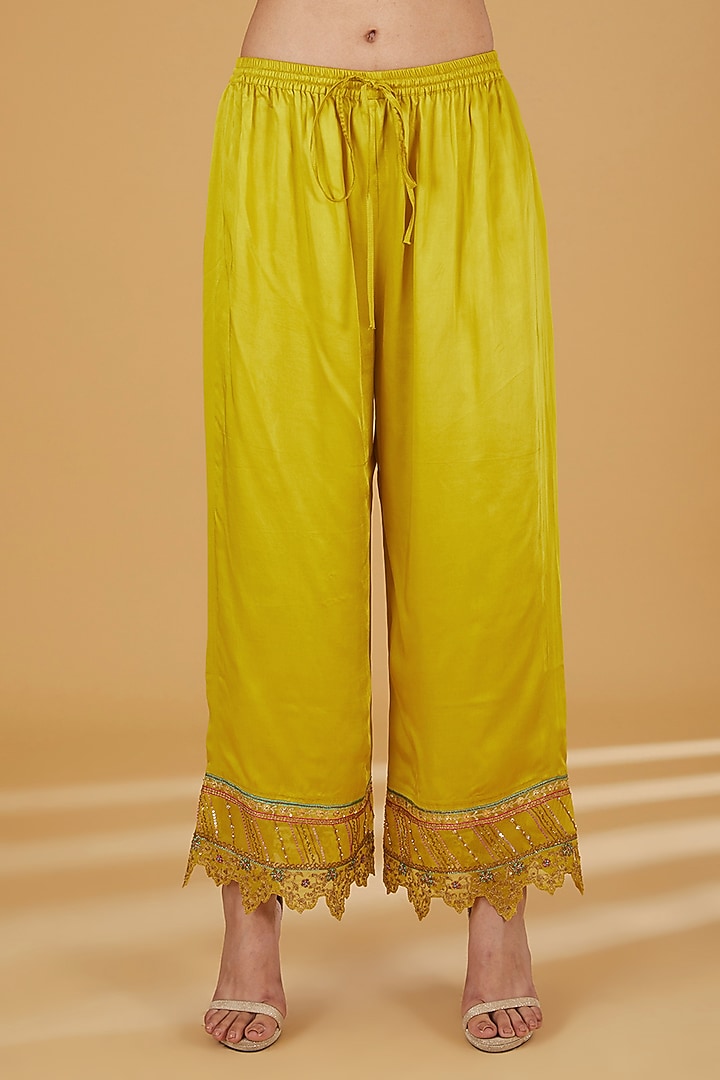 Lime Yellow Silk Hand Embroidered Kurta Set by Raji ramniq at Pernia's Pop Up Shop