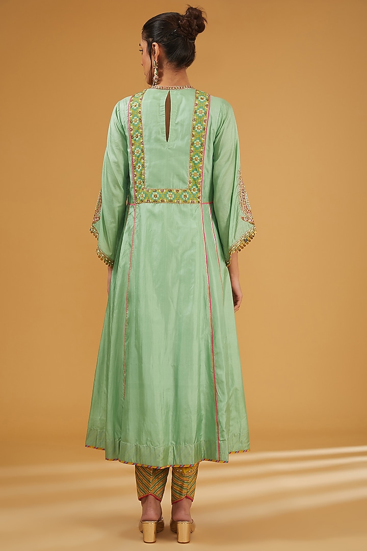 Sage Green Silk Hand Embroidered Kalidar Kurta Set by Raji Ramniq at Pernia's Pop Up Shop