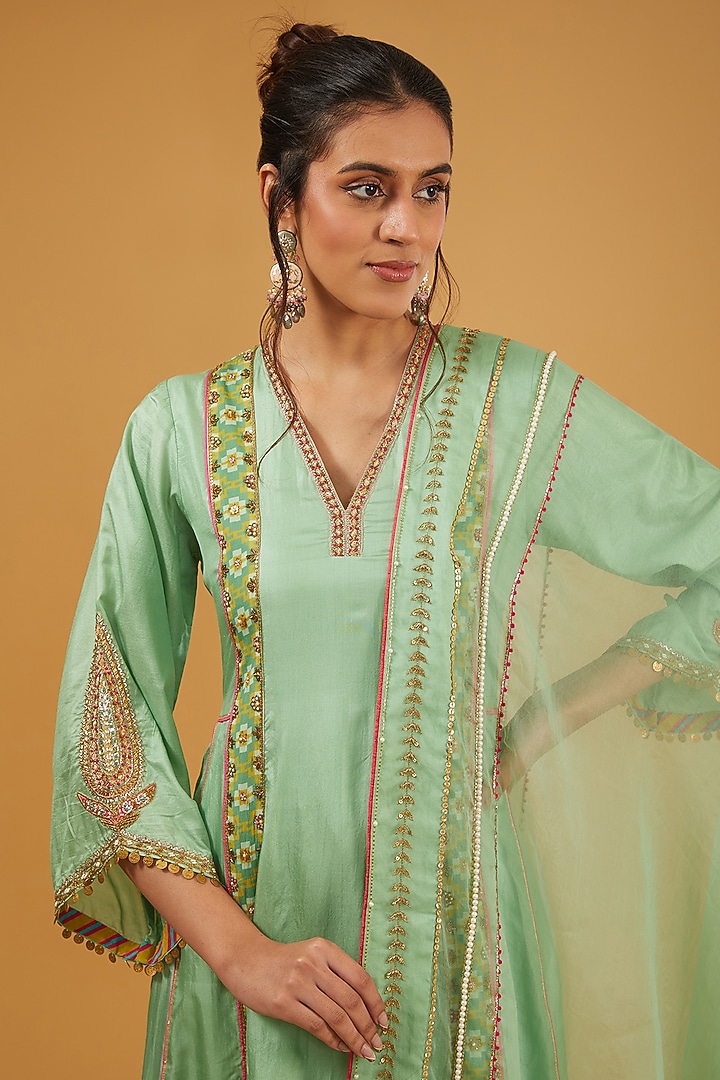 Sage Green Silk Hand Embroidered Kalidar Kurta Set by Raji Ramniq at Pernia's Pop Up Shop