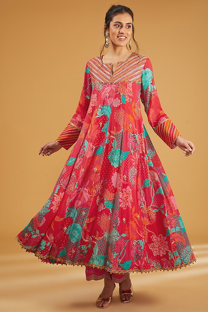 Jester Red Crepe Hand Embroidered & Printed Anarkali Set by Raji Ramniq at Pernia's Pop Up Shop