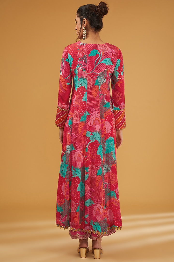 Jester Red Crepe Hand Embroidered & Printed Anarkali Set by Raji Ramniq at Pernia's Pop Up Shop