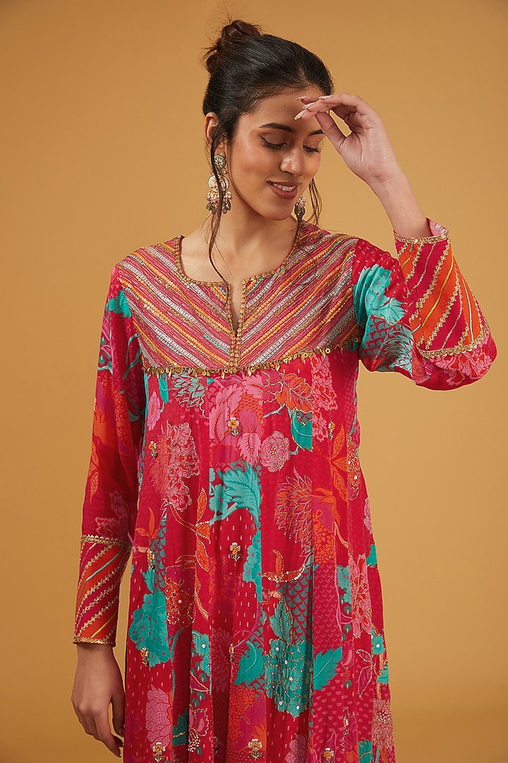 Jester Red Crepe Hand Embroidered & Printed Anarkali Set by Raji Ramniq at Pernia's Pop Up Shop