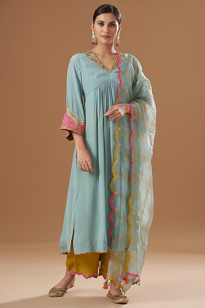 Ice Blue Crepe Embroidered Kurta Set by Raji ramniq at Pernia's Pop Up Shop