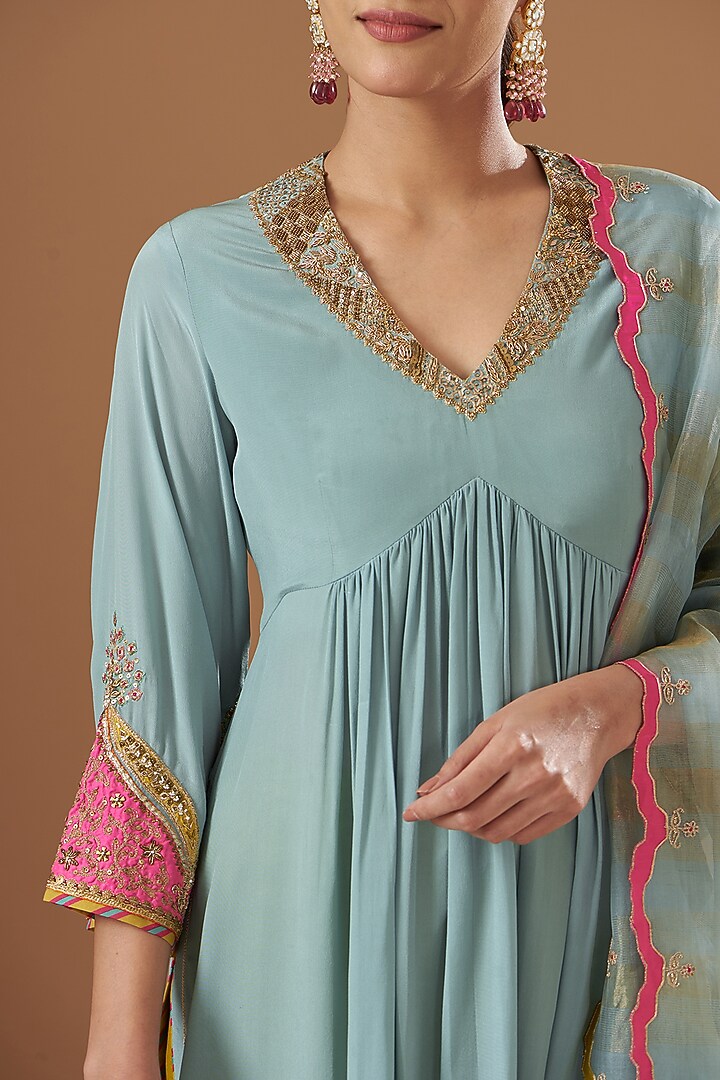 Ice Blue Crepe Embroidered Kurta Set by Raji ramniq at Pernia's Pop Up Shop