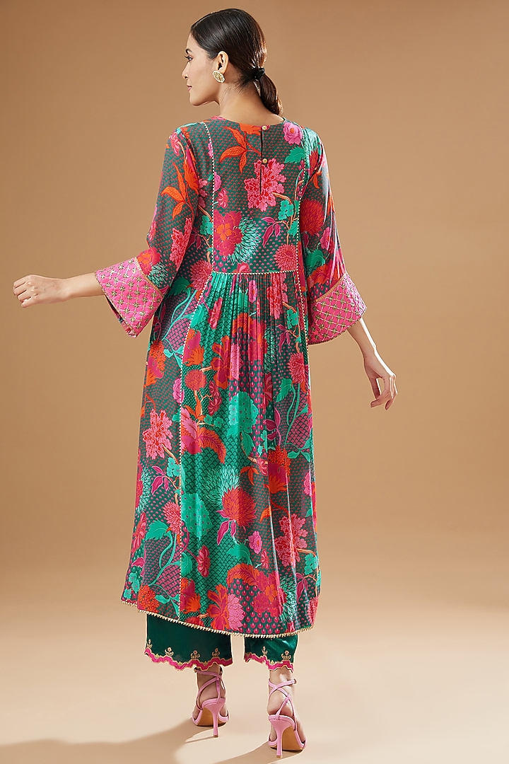 Teal Blue Crepe Embroidered & Printed Kurta Set by Raji ramniq at Pernia's Pop Up Shop