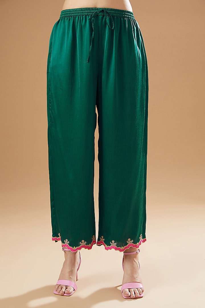 Teal Blue Crepe Embroidered & Printed Kurta Set by Raji ramniq at Pernia's Pop Up Shop