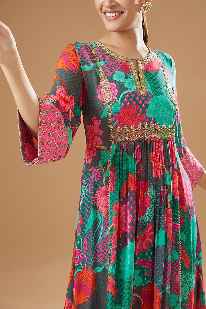 Teal Blue Crepe Embroidered & Printed Kurta Set by Raji ramniq at Pernia's Pop Up Shop