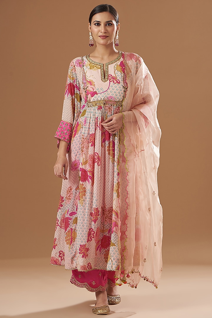 Nude Pink Crepe Embroidered & Printed Kurta Set by Raji ramniq at Pernia's Pop Up Shop