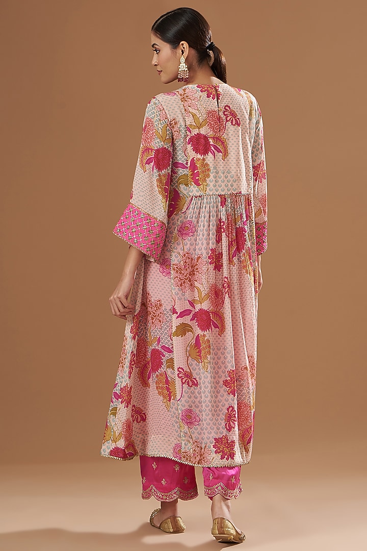 Nude Pink Crepe Embroidered & Printed Kurta Set by Raji ramniq at Pernia's Pop Up Shop