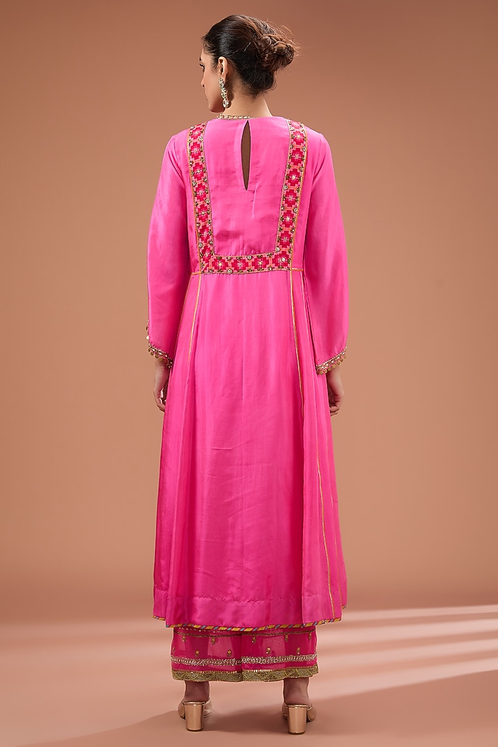 Hot Pink Silk & Modal Satin Hand Embroidered Kurta Set by Raji Ramniq at Pernia's Pop Up Shop