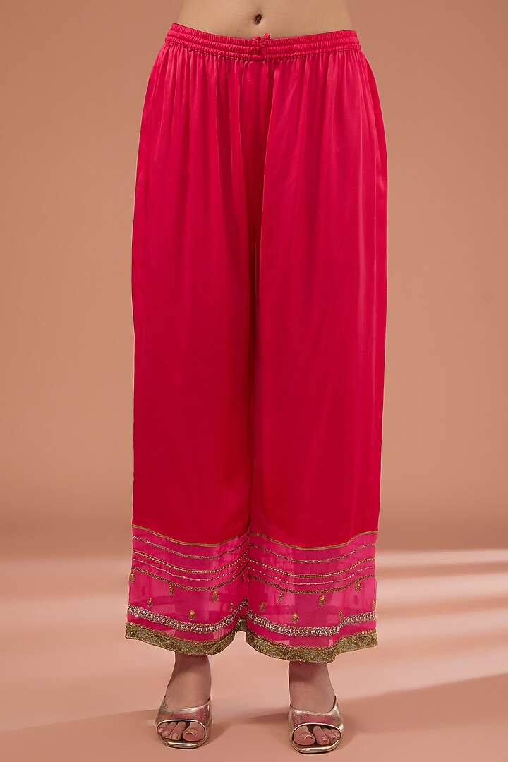 Hot Pink Silk & Modal Satin Hand Embroidered Kurta Set by Raji Ramniq at Pernia's Pop Up Shop
