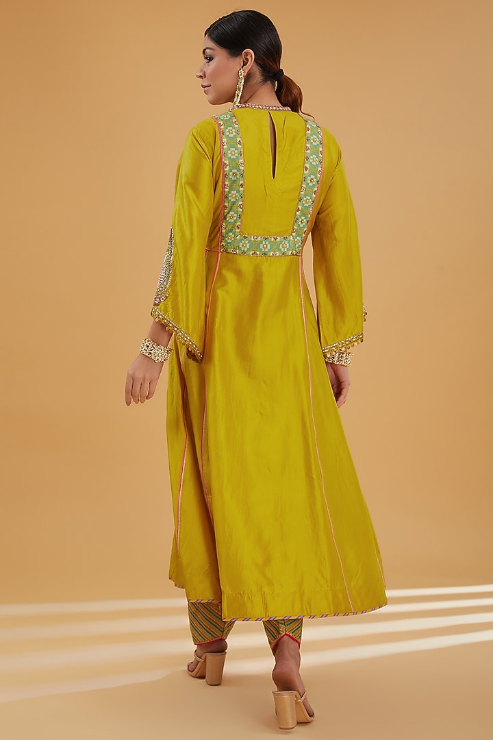Lime Yellow Silk Hand Embroidered Kalidar Kurta Set by Raji Ramniq at Pernia's Pop Up Shop