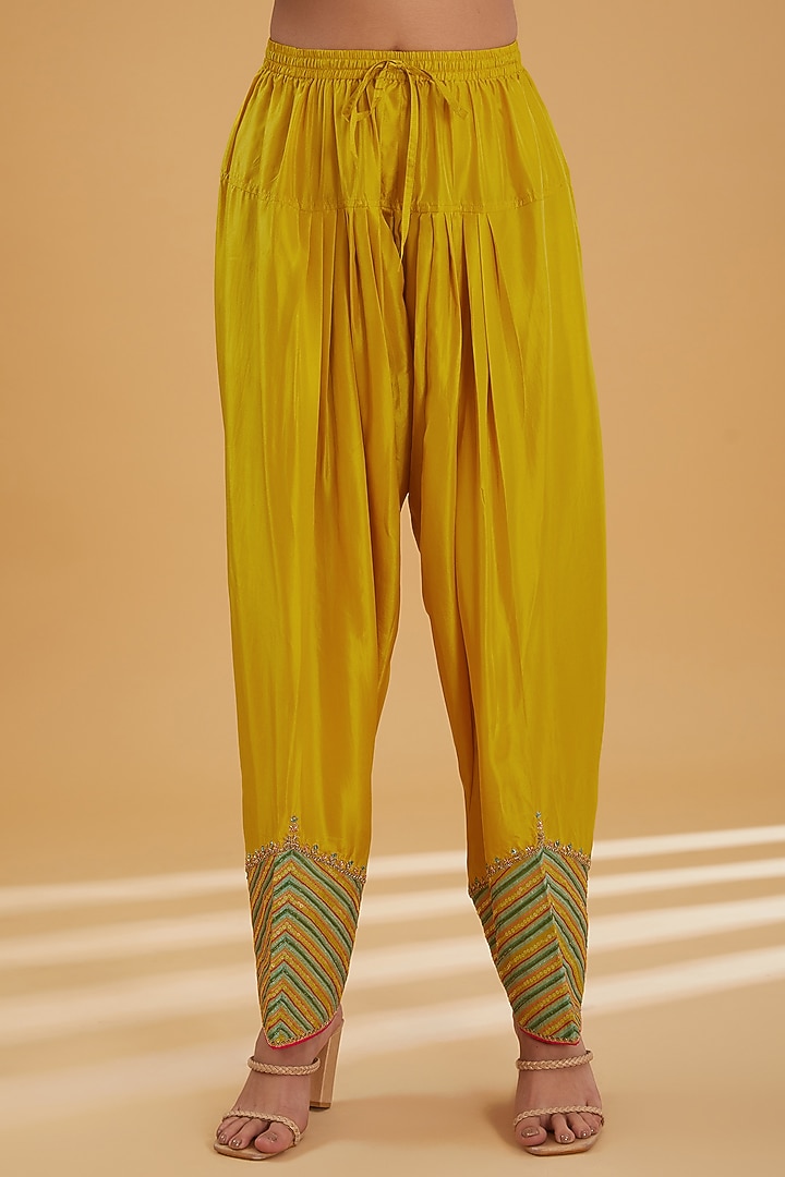 Lime Yellow Silk Hand Embroidered Kalidar Kurta Set by Raji Ramniq at Pernia's Pop Up Shop