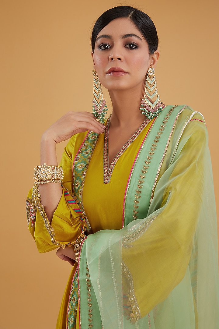 Lime Yellow Silk Hand Embroidered Kalidar Kurta Set by Raji Ramniq at Pernia's Pop Up Shop