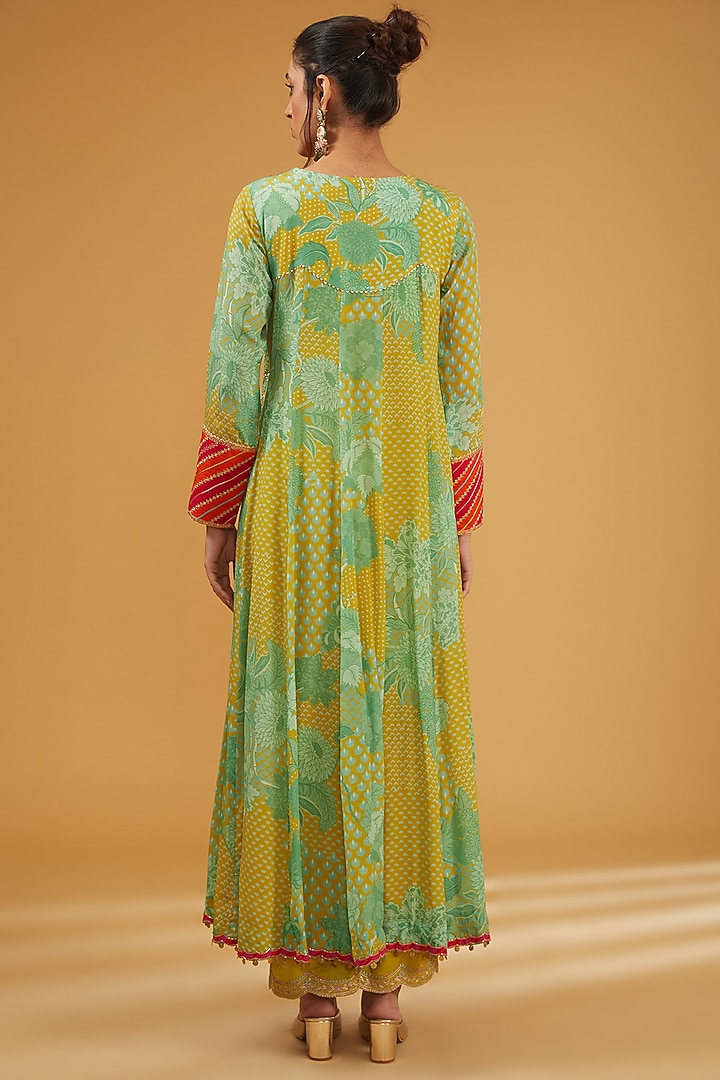 Lime Yellow & Sage Green Crepe Hand Embroidered & Printed Wedding Anarkali Set by Raji Ramniq at Pernia's Pop Up Shop