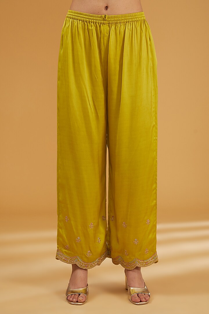 Lime Yellow & Sage Green Crepe Hand Embroidered & Printed Wedding Anarkali Set by Raji Ramniq at Pernia's Pop Up Shop