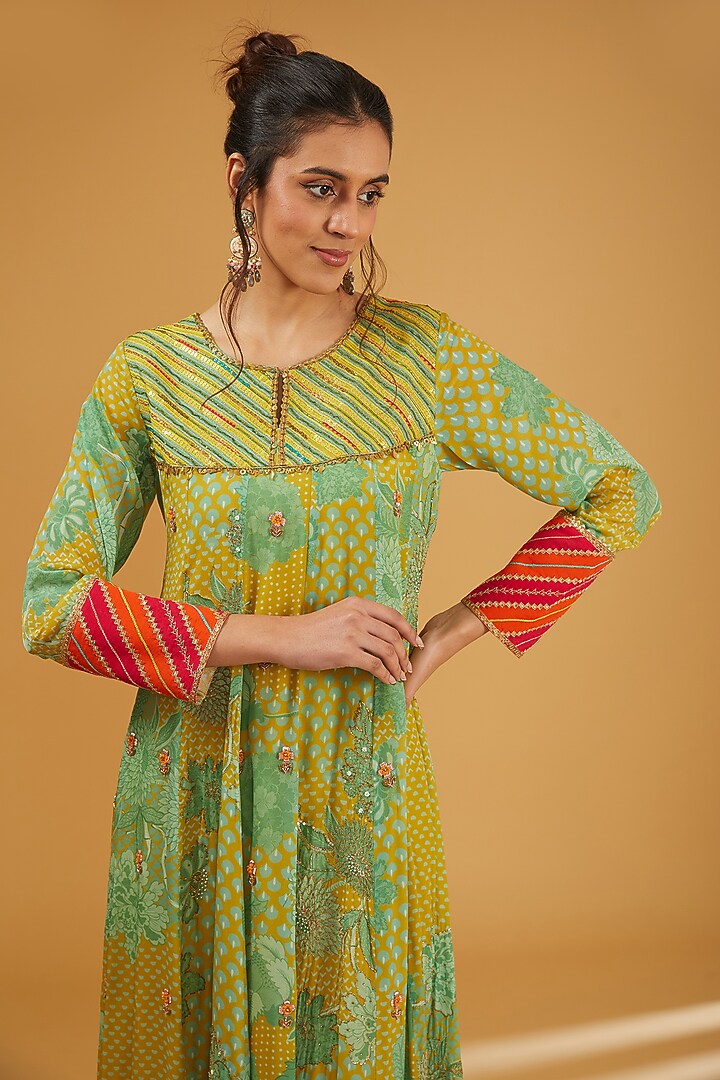Lime Yellow & Sage Green Crepe Hand Embroidered & Printed Wedding Anarkali Set by Raji Ramniq at Pernia's Pop Up Shop