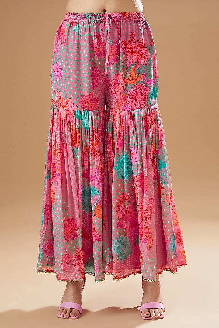 Bright Pink Crepe Printed Gharara Set by Raji ramniq at Pernia's Pop Up Shop