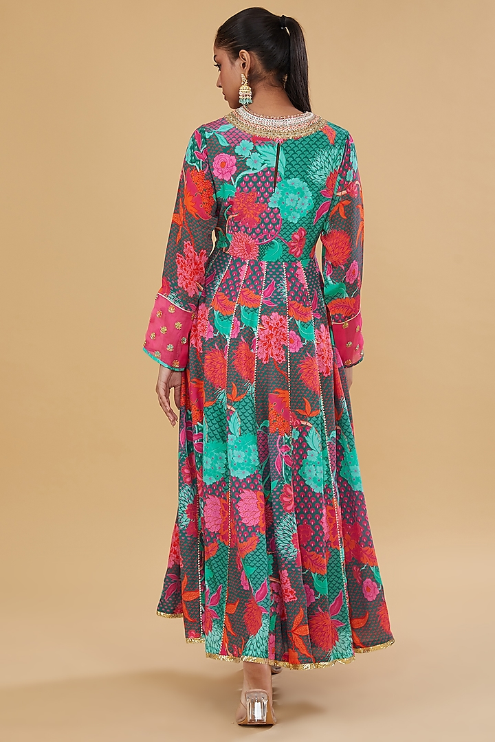 Teal Crepe Printed & Hand Embroidered Wedding Anarkali Set by Raji Ramniq at Pernia's Pop Up Shop