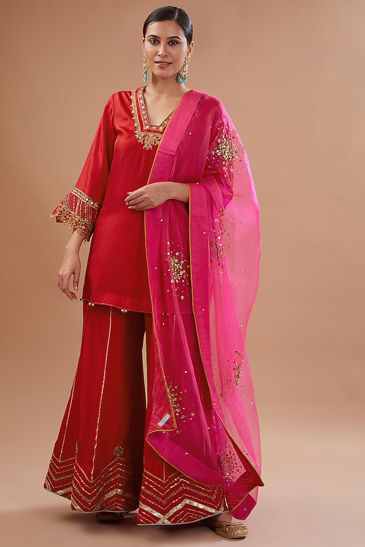 Red Silk Hand Embroidered Wedding Sharara Set by Raji ramniq at Pernia's Pop Up Shop