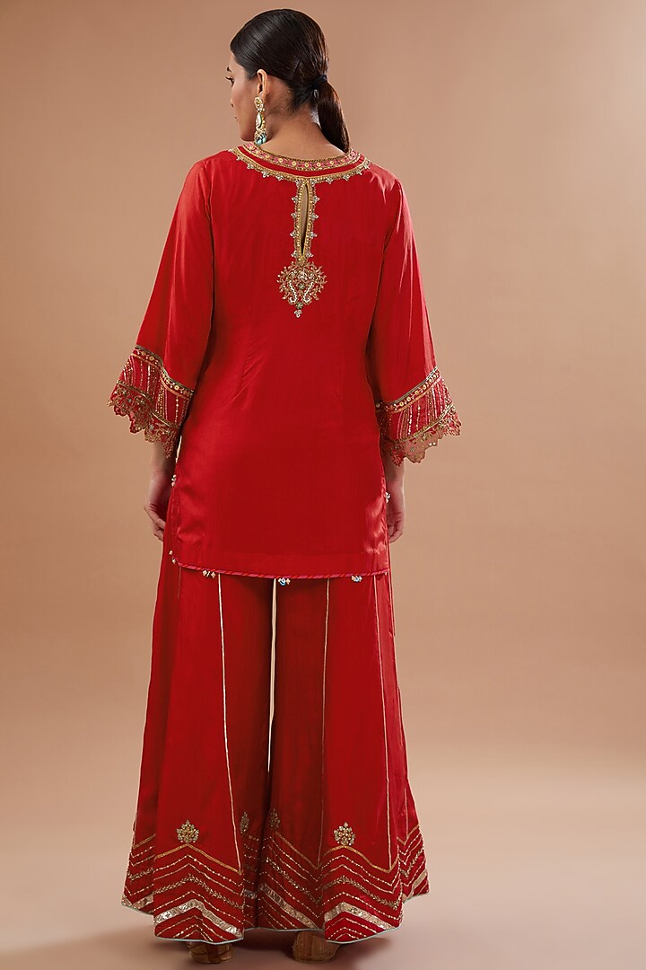 Red Silk Hand Embroidered Wedding Sharara Set by Raji ramniq at Pernia's Pop Up Shop