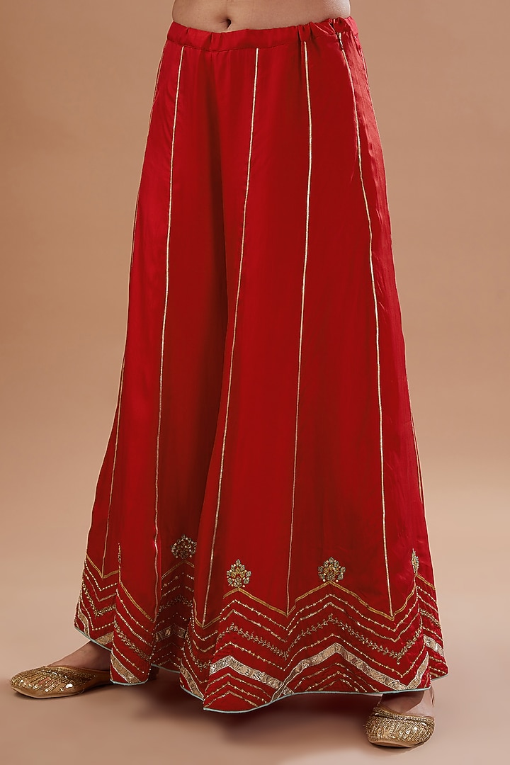 Red Silk Hand Embroidered Wedding Sharara Set by Raji ramniq at Pernia's Pop Up Shop