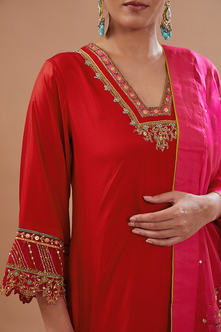 Red Silk Hand Embroidered Wedding Sharara Set by Raji ramniq at Pernia's Pop Up Shop
