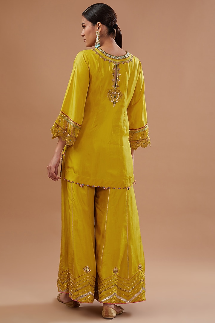 Lime Yellow Silk Hand Embroidered Wedding Sharara Set by Raji ramniq at Pernia's Pop Up Shop