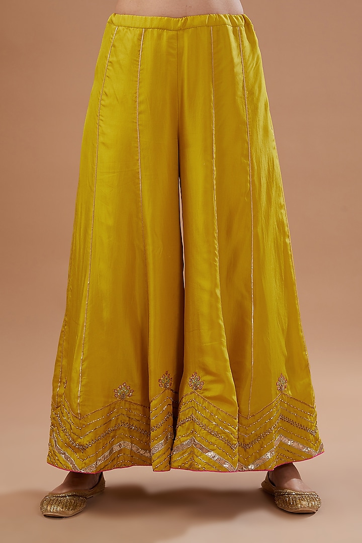 Lime Yellow Silk Hand Embroidered Wedding Sharara Set by Raji ramniq at Pernia's Pop Up Shop