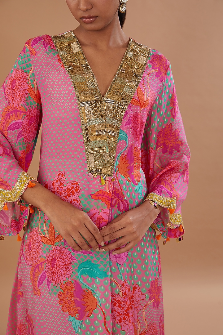 Bright Pink Crepe Printed & Embroidered Kurta Set by Raji ramniq at Pernia's Pop Up Shop