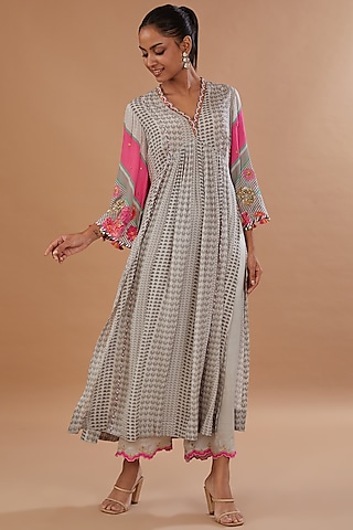 Grey Crepe Printed & Embroidered A-Line Kurta Set by Raji ramniq