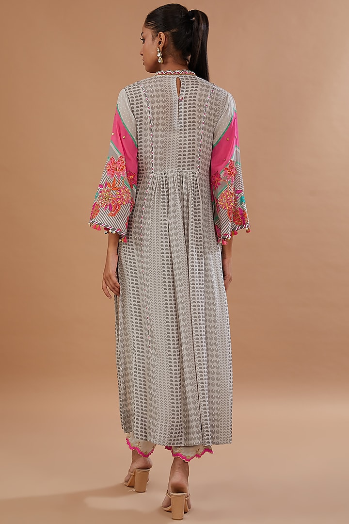 Grey Crepe Printed & Embroidered A-Line Kurta Set by Raji ramniq at Pernia's Pop Up Shop