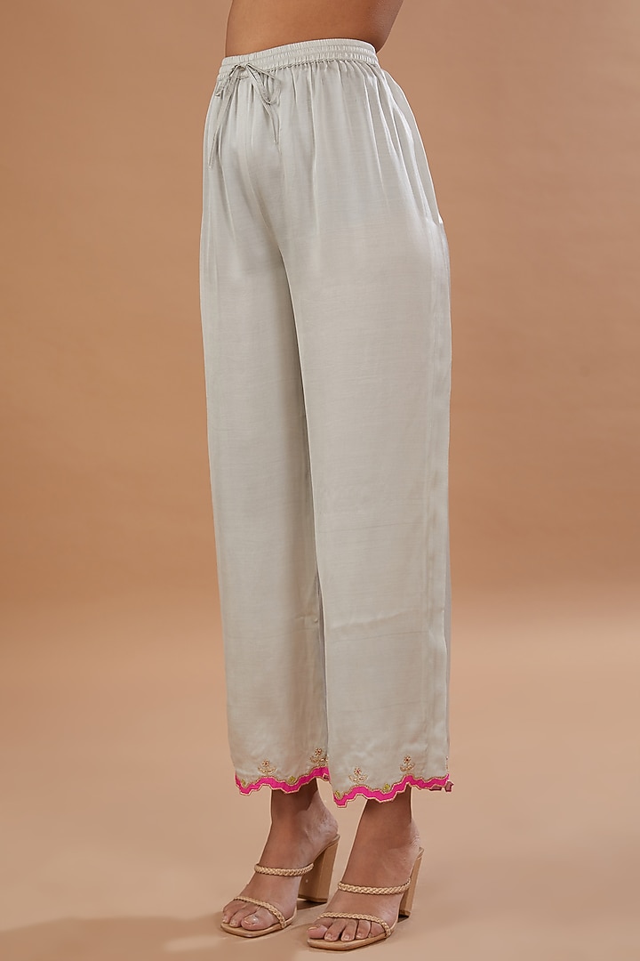 Grey Crepe Printed & Embroidered A-Line Kurta Set by Raji ramniq at Pernia's Pop Up Shop