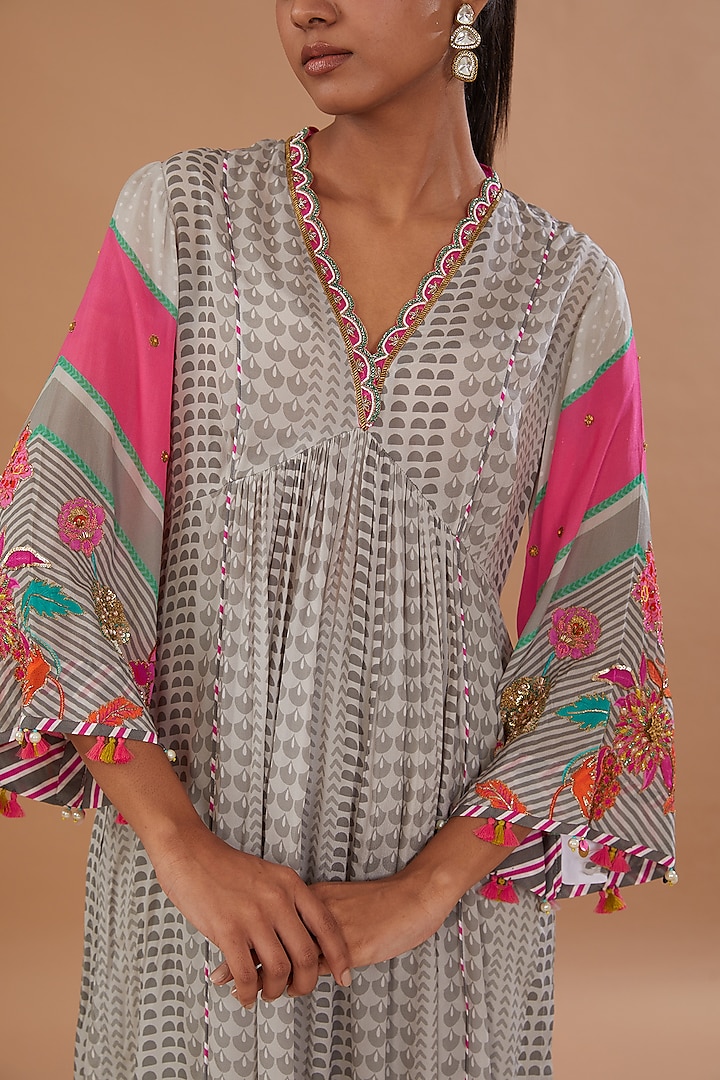 Grey Crepe Printed & Embroidered A-Line Kurta Set by Raji ramniq at Pernia's Pop Up Shop