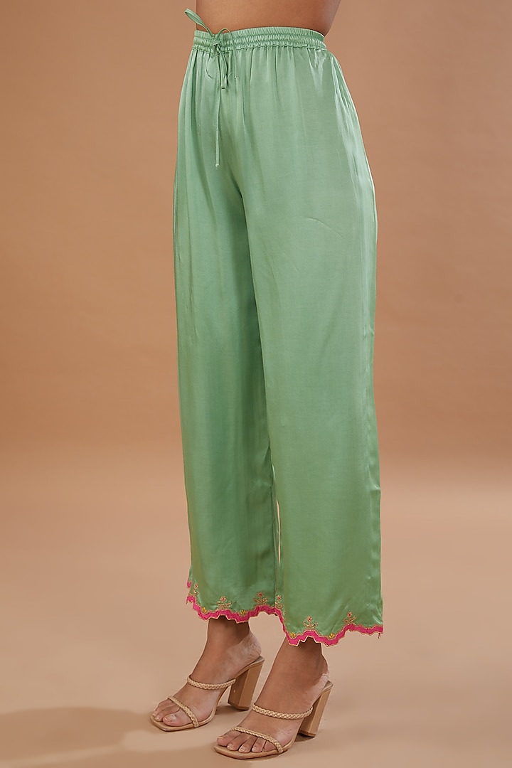 Sage Green Crepe Printed & Embroidered A-Line Kurta Set by Raji ramniq at Pernia's Pop Up Shop