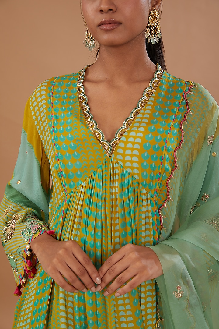 Sage Green Crepe Printed & Embroidered A-Line Kurta Set by Raji ramniq at Pernia's Pop Up Shop