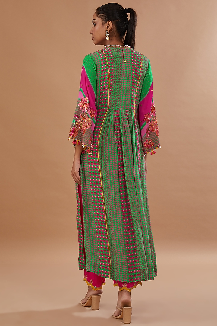 Green Crepe Printed & Embroidered A-Line Kurta Set by Raji ramniq at Pernia's Pop Up Shop
