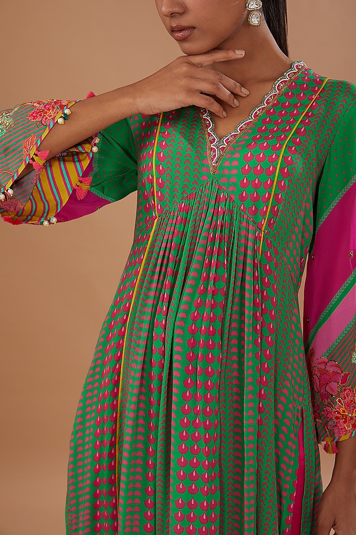 Green Crepe Printed & Embroidered A-Line Kurta Set by Raji ramniq at Pernia's Pop Up Shop