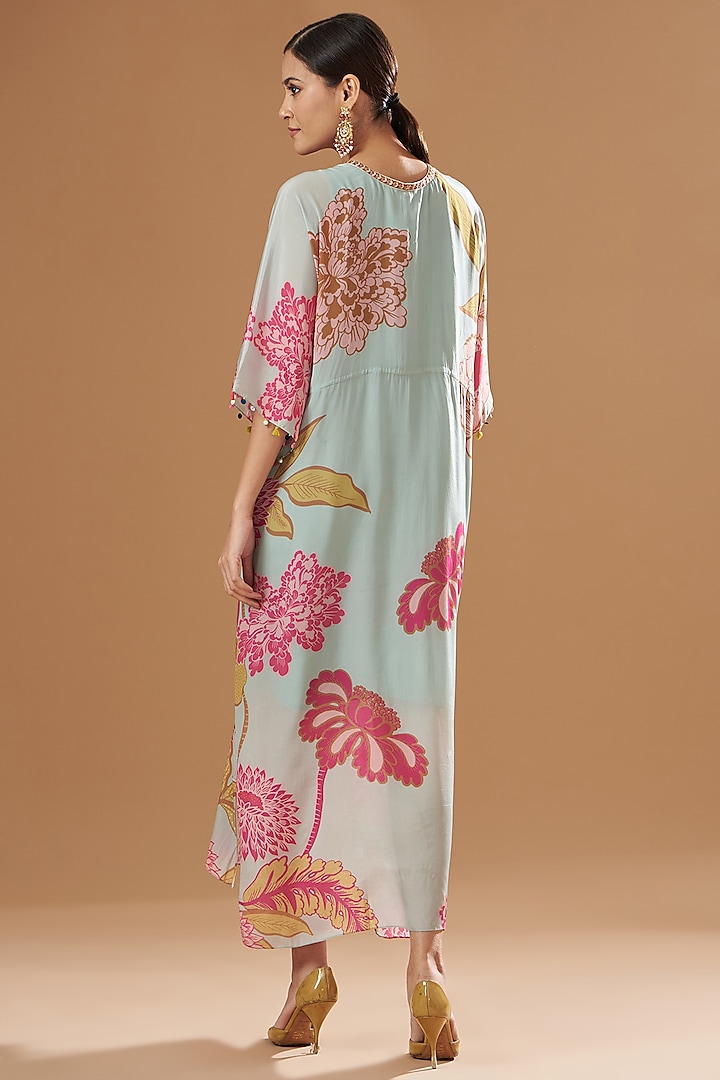 Ice Blue Crepe Embroidered & Printed Kaftan Dress by Raji ramniq at Pernia's Pop Up Shop