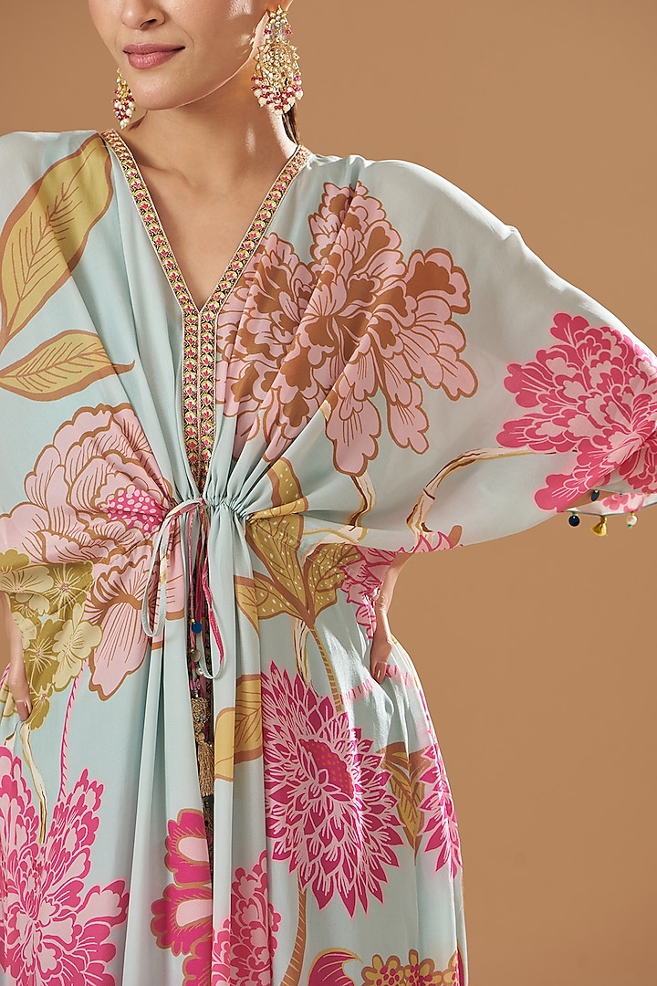 Ice Blue Crepe Embroidered & Printed Kaftan Dress by Raji ramniq at Pernia's Pop Up Shop