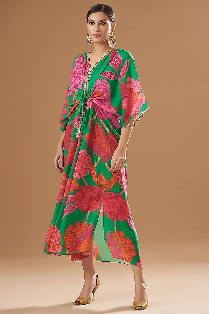 Green Crepe Embroidered & Printed Kaftan Dress by Raji ramniq at Pernia's Pop Up Shop