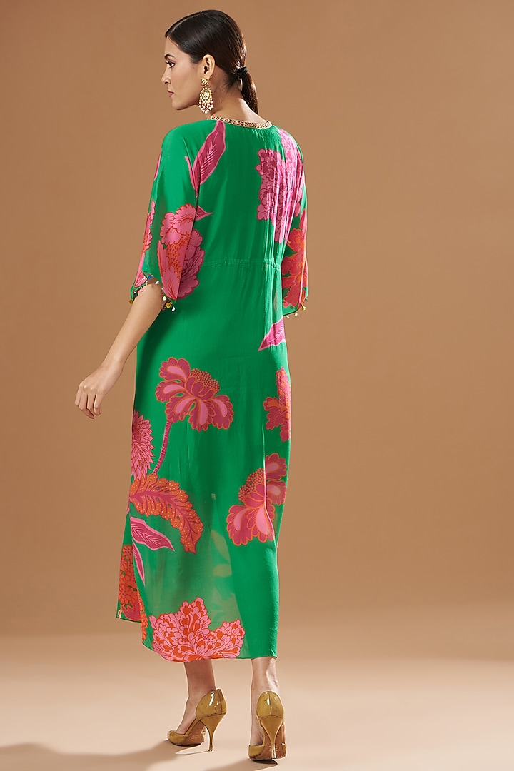 Green Crepe Embroidered & Printed Kaftan Dress by Raji ramniq at Pernia's Pop Up Shop