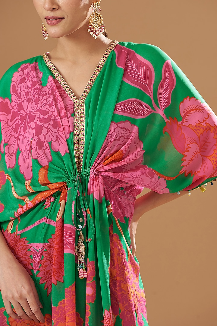 Green Crepe Embroidered & Printed Kaftan Dress by Raji ramniq at Pernia's Pop Up Shop