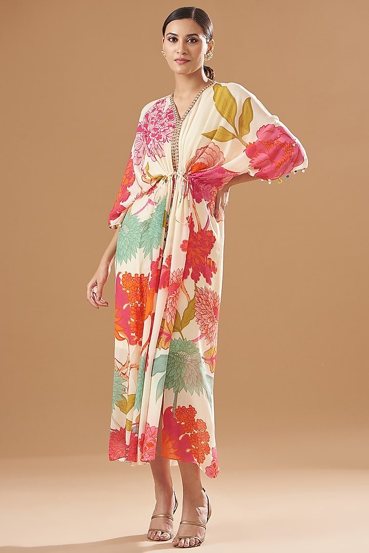 Ivory Crepe Embroidered & Printed Kaftan Dress by Raji ramniq at Pernia's Pop Up Shop