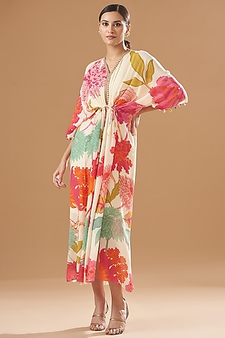Ivory Crepe Embroidered & Printed Kaftan Dress by Raji ramniq
